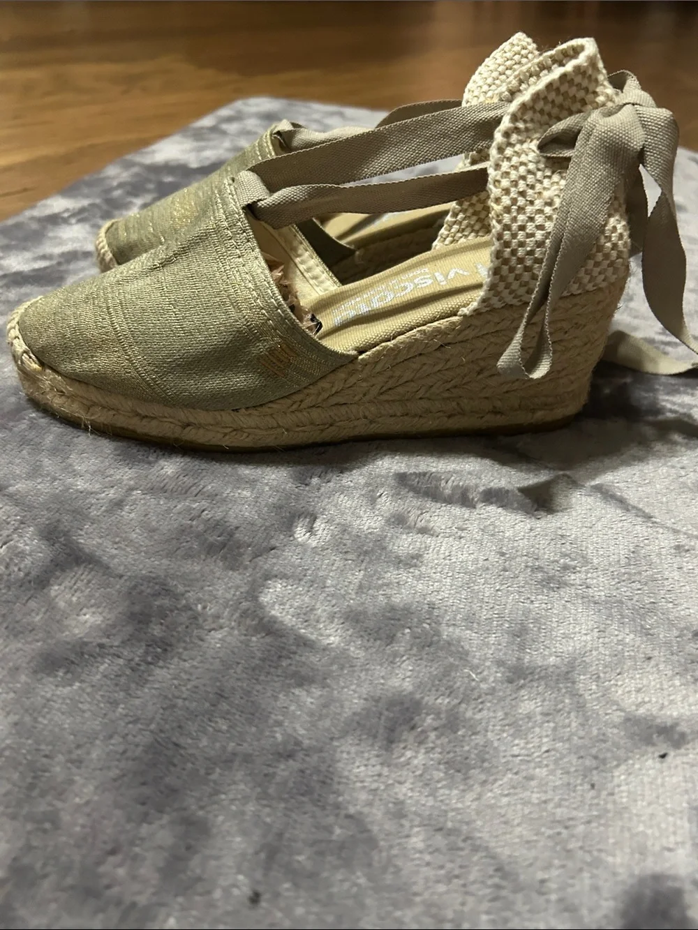 Viscata Espadrille canvas & tweed Wedge Sandals in Tan with Ankle Tie sz 35